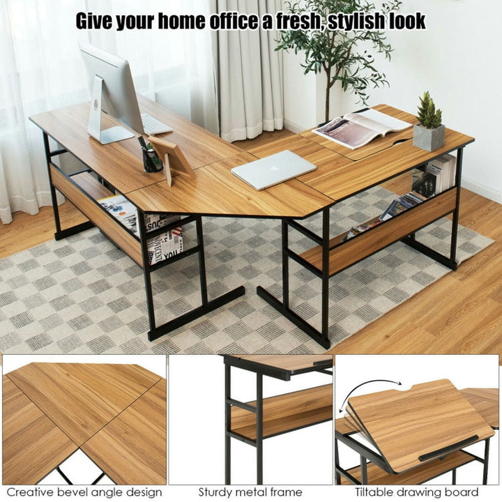 Hommoo L-Shaped Computer Desk with Tiltable Tabletop-Walnut, Home Office Desks, Gaming Computer Desks for Image 6