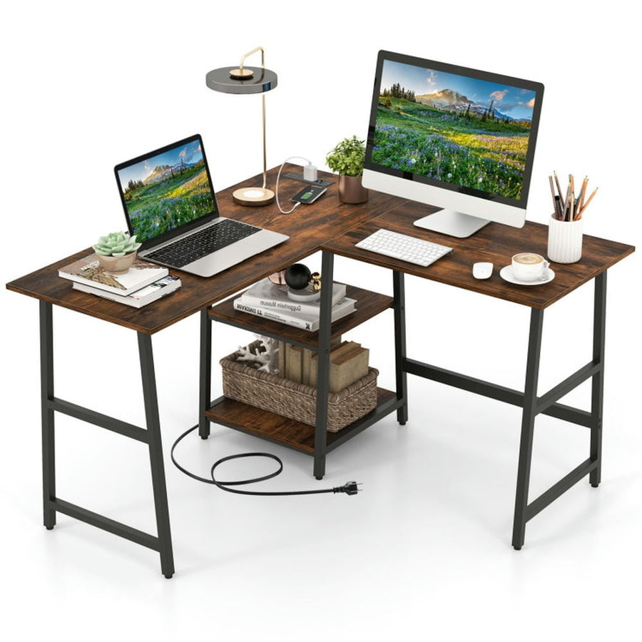 Hommoo L Shaped Corner Computer Desk with Storage Shelves-Brown, Home Office Desks, Gaming Computer Desks for Image 1