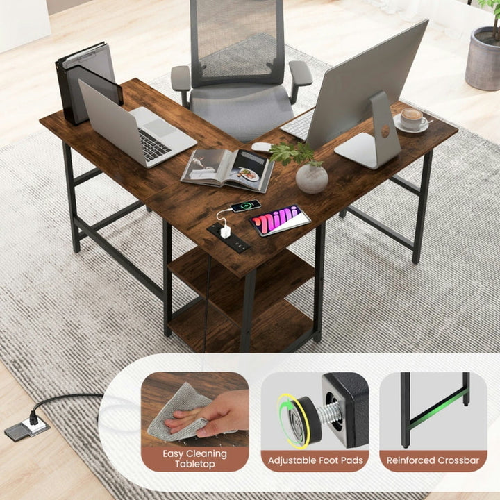 Hommoo L Shaped Corner Computer Desk with Storage Shelves-Brown, Home Office Desks, Gaming Computer Desks for Image 4