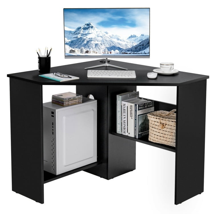 Hommoo Corner Computer Desk Triangle Writing Workstation with Storage Shelf-Black, Gaming Computer Desks for Image 1