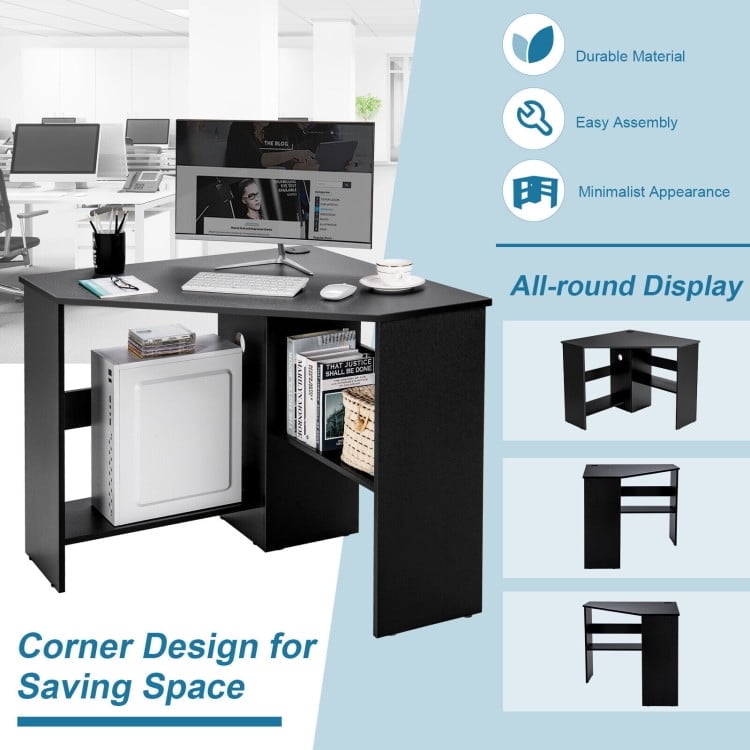 Hommoo Corner Computer Desk Triangle Writing Workstation with Storage Shelf-Black, Gaming Computer Desks for Image 2