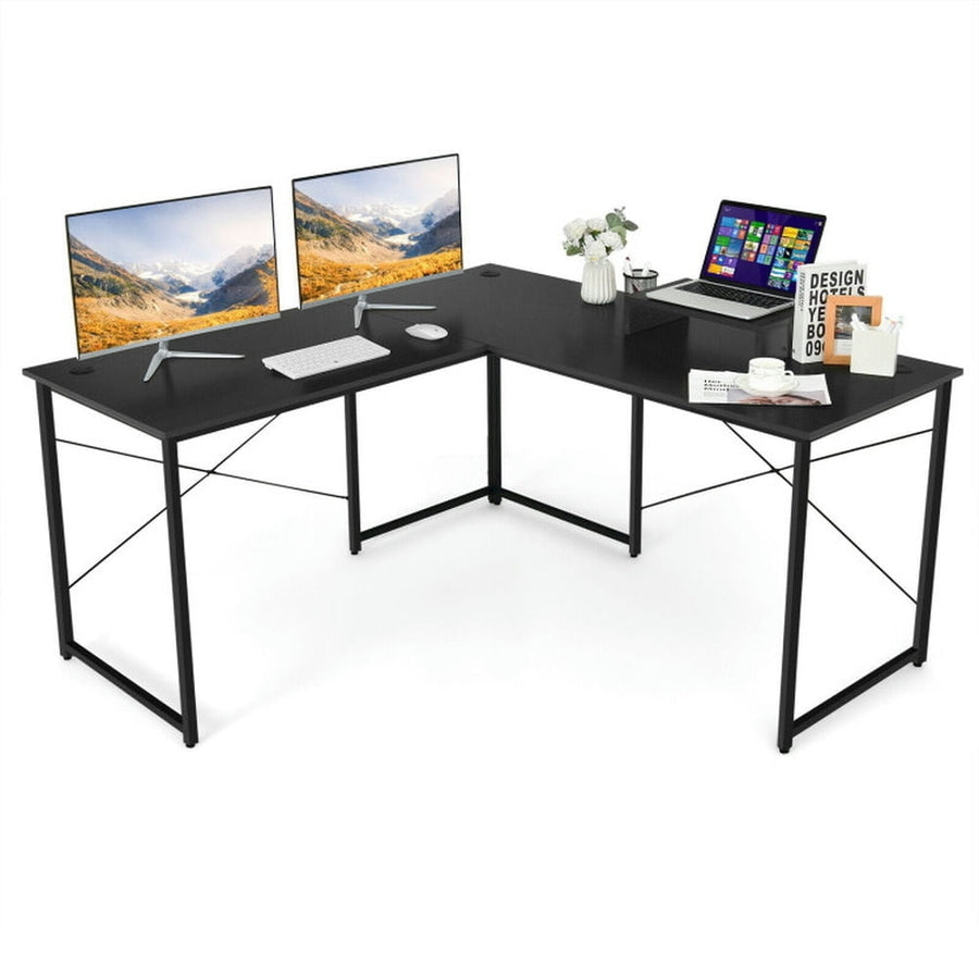 Hommoo 95 Inch 2-Person L-Shaped Long Reversible Computer Desk with Monitor Stand-Black, Gaming Computer Desks for Image 1