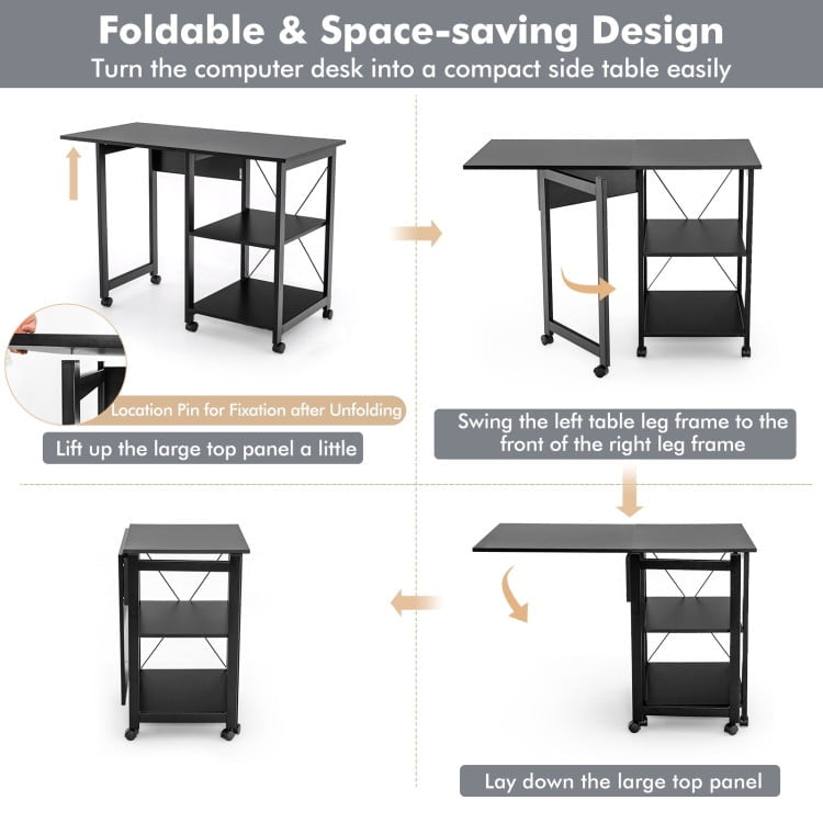 Hommoo Folding Writing Office Desk with Storage Shelves-Black, Home Office Desks, Gaming Computer Desks for Image 2