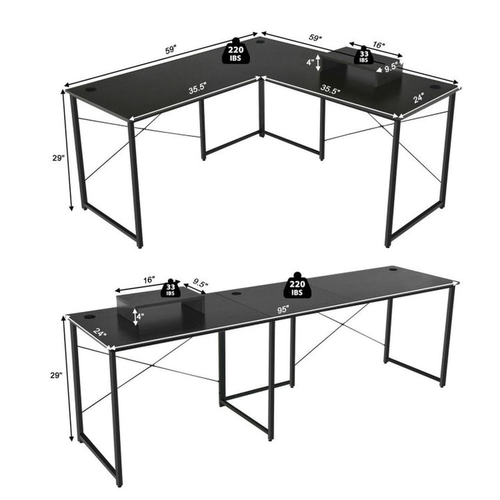 Hommoo 95 Inch 2-Person L-Shaped Long Reversible Computer Desk with Monitor Stand-Black, Gaming Computer Desks for Image 3