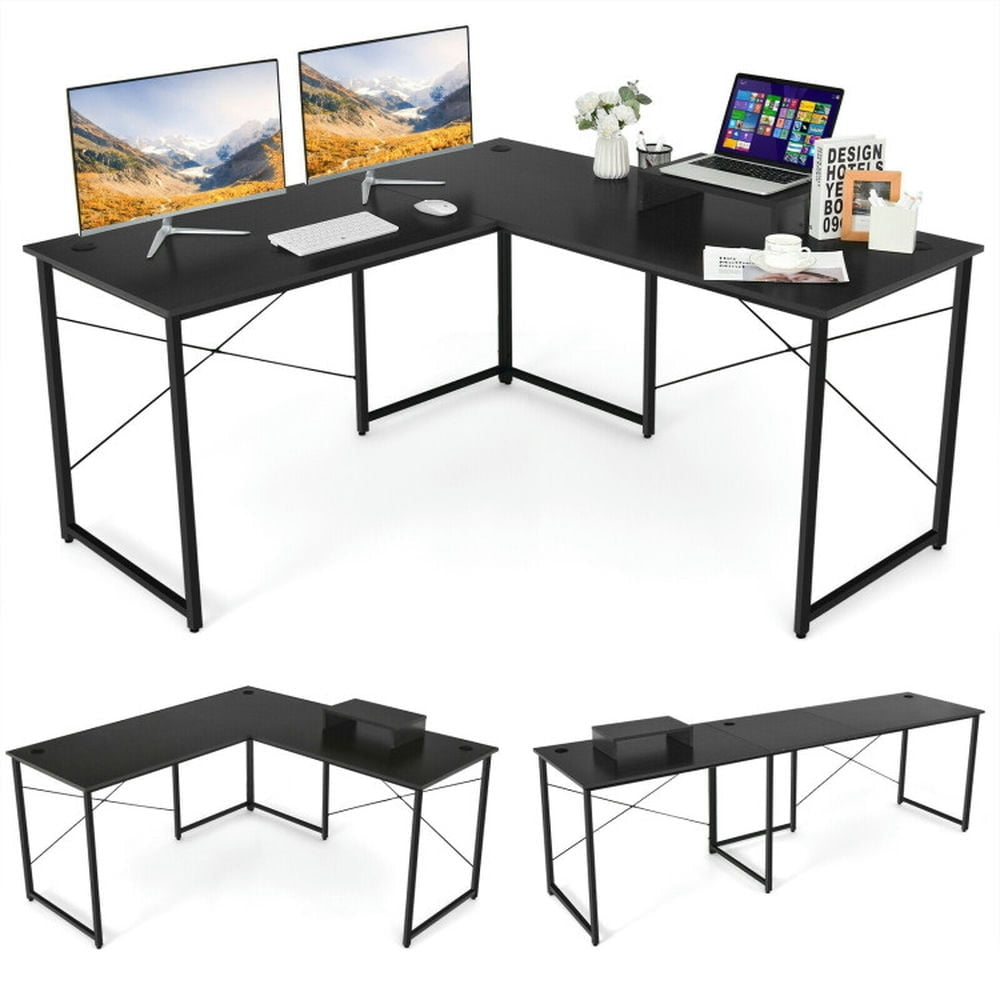 Hommoo 95 Inch 2-Person L-Shaped Long Reversible Computer Desk with Monitor Stand-Black, Gaming Computer Desks for Image 5