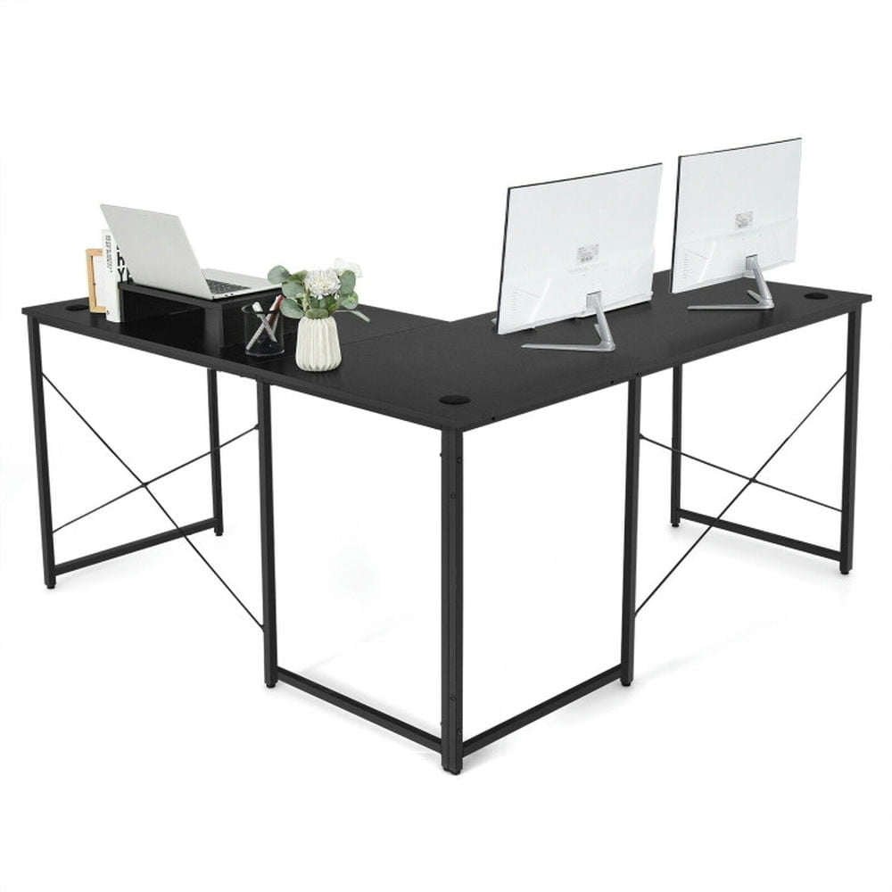 Hommoo 95 Inch 2-Person L-Shaped Long Reversible Computer Desk with Monitor Stand-Black, Gaming Computer Desks for Image 6