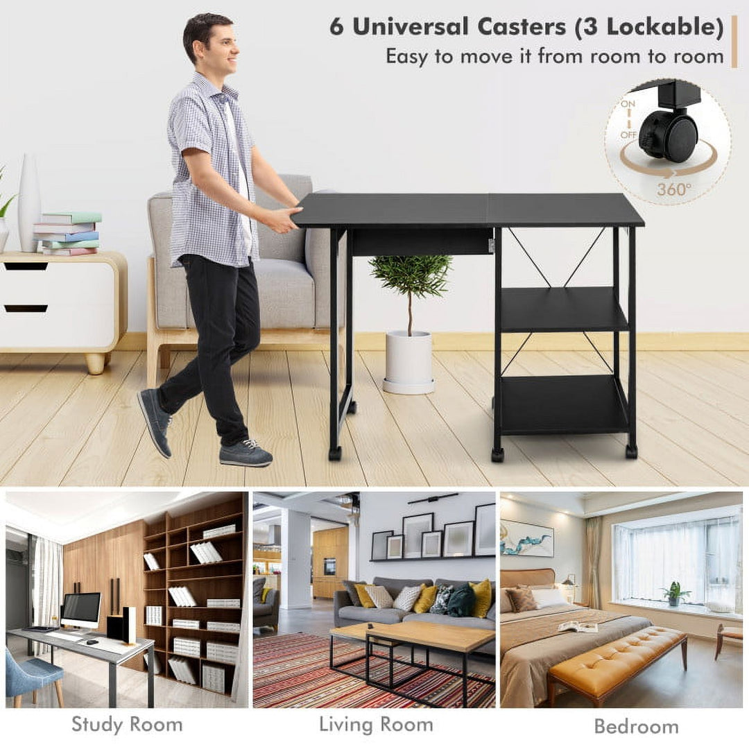 Hommoo Folding Writing Office Desk with Storage Shelves-Black, Home Office Desks, Gaming Computer Desks for Image 3