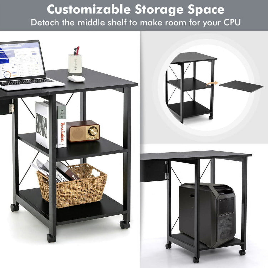 Hommoo Folding Writing Office Desk with Storage Shelves-Black, Home Office Desks, Gaming Computer Desks for Image 4