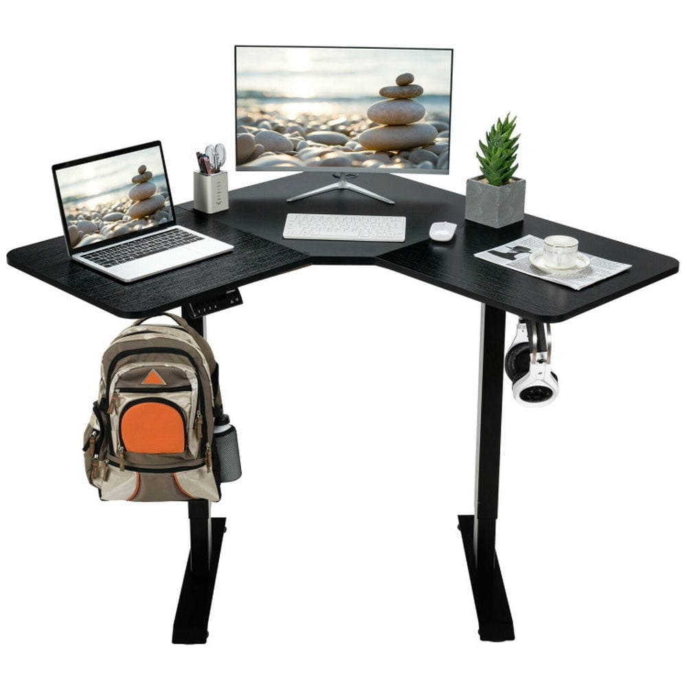 Hommoo L-shaped Electric Standing Desk with 4 Memory Positions and LCD Display-Black, Gaming Computer Desks for Image 1