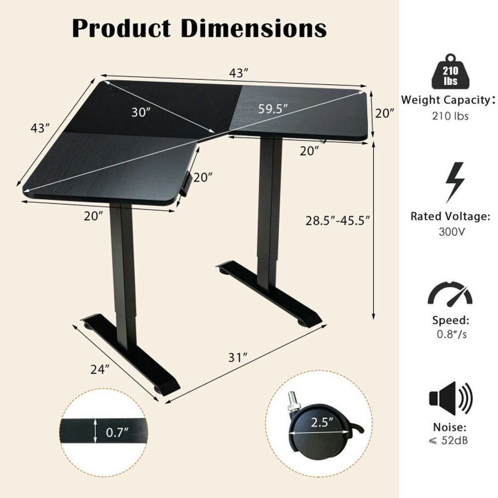 Hommoo L-shaped Electric Standing Desk with 4 Memory Positions and LCD Display-Black, Gaming Computer Desks for Image 2