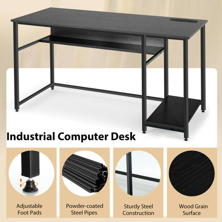 Hommoo 55 Inch Computer Desk with Power Outlets and USB Ports for Home and Office-Black Image 3