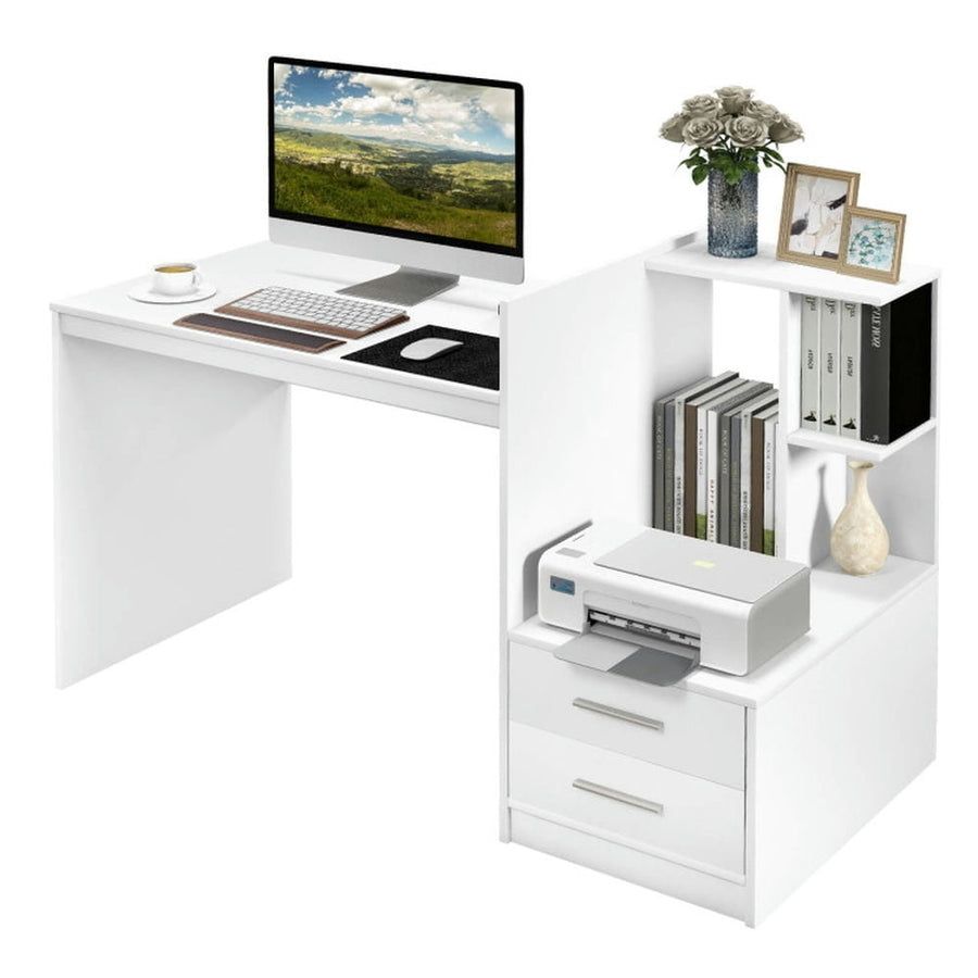 Hommoo Computer Desk Home Office with Bookshelf and Drawers-White, Home Office Desks, Gaming Computer Desks for Image 1