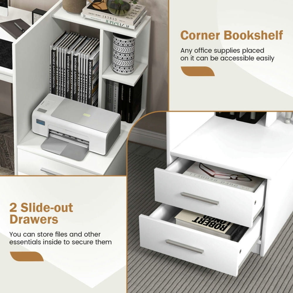 Hommoo Computer Desk Home Office with Bookshelf and Drawers-White, Home Office Desks, Gaming Computer Desks for Image 2