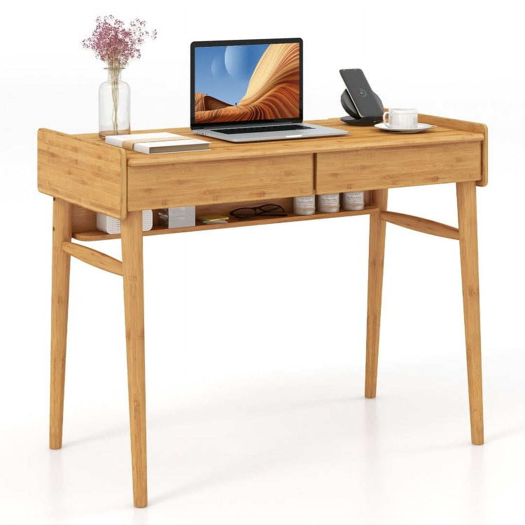 Hommoo Bamboo Writing Desk with 2 Storage Drawers and Open Shelf-Natural, Home Office Desks, Gaming Computer Desks for Image 1