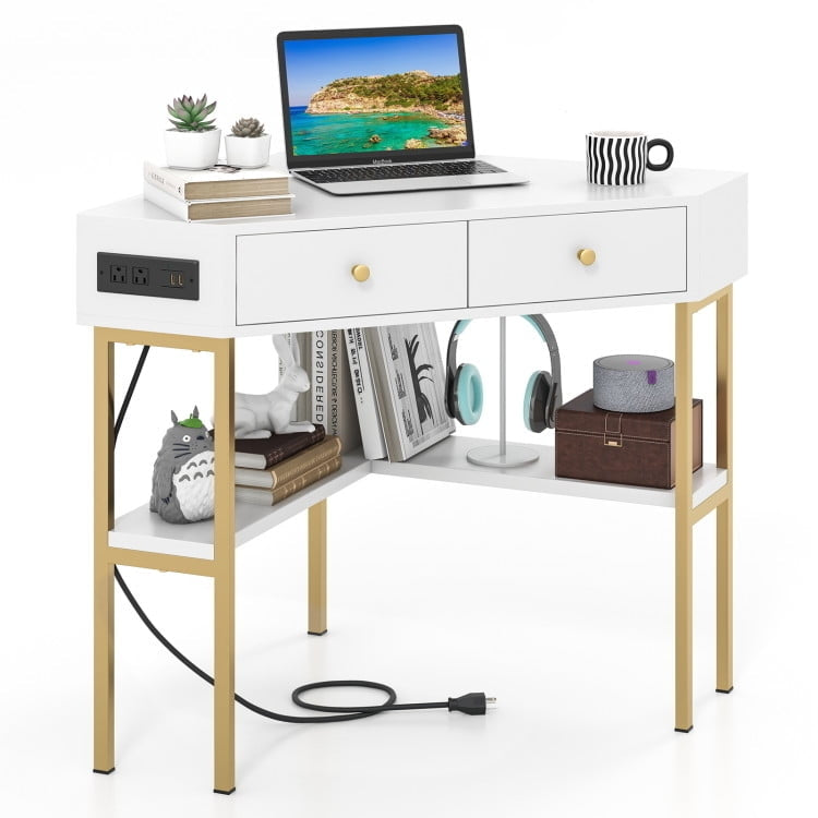 Hommoo Triangle Corner Desk with Charging Station with 2 Drawers and Storage Shelf-White, Gaming Computer Desks for Image 1