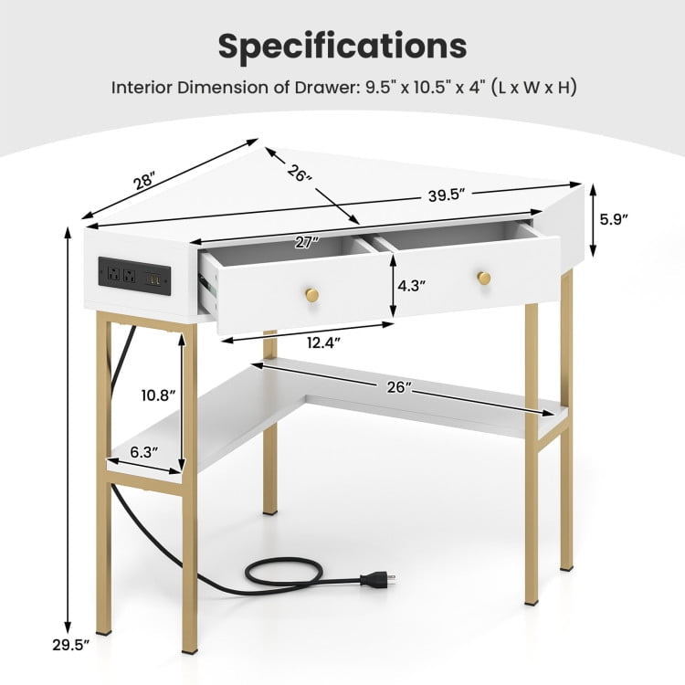 Hommoo Triangle Corner Desk with Charging Station with 2 Drawers and Storage Shelf-White, Gaming Computer Desks for Image 2