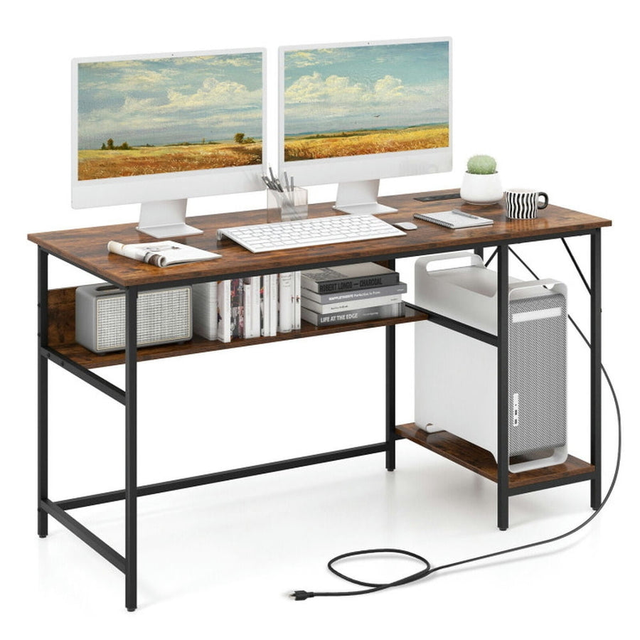 Hommoo 55 Inches Computer Desk with Charging Station-Brown, Home Office Desks, Gaming Computer Desks for Image 1