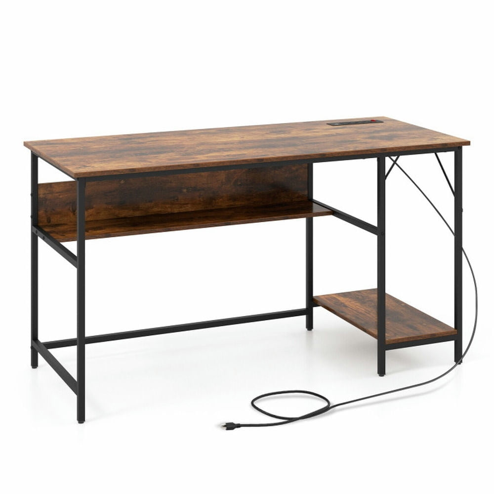 Hommoo 55 Inches Computer Desk with Charging Station-Brown, Home Office Desks, Gaming Computer Desks for Image 2