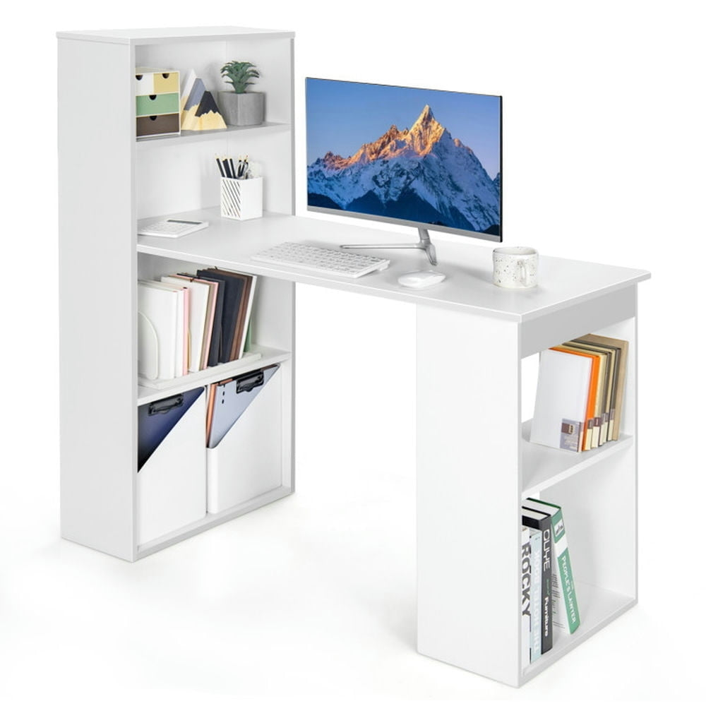 Hommoo Computer Desk Writing Workstation Office with 6-Tier Storage Shelves-White, Gaming Computer Desks for Image 1