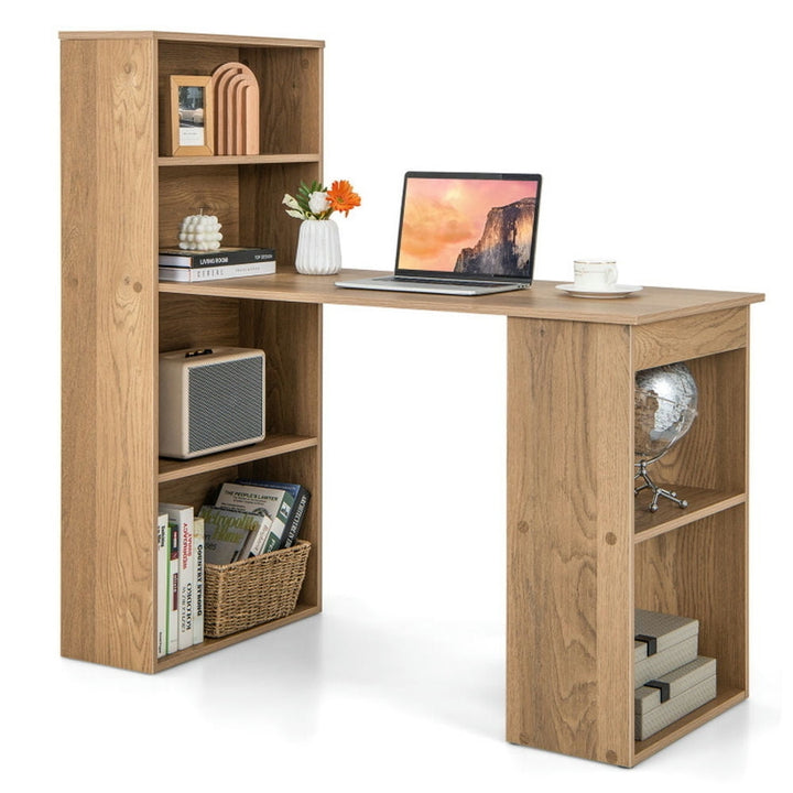 Hommoo 48 Inch Computer Desk with 4-Tier Bookcase and CPU Stand-Natural, Home Office Desks, Gaming Computer Desks for Image 1