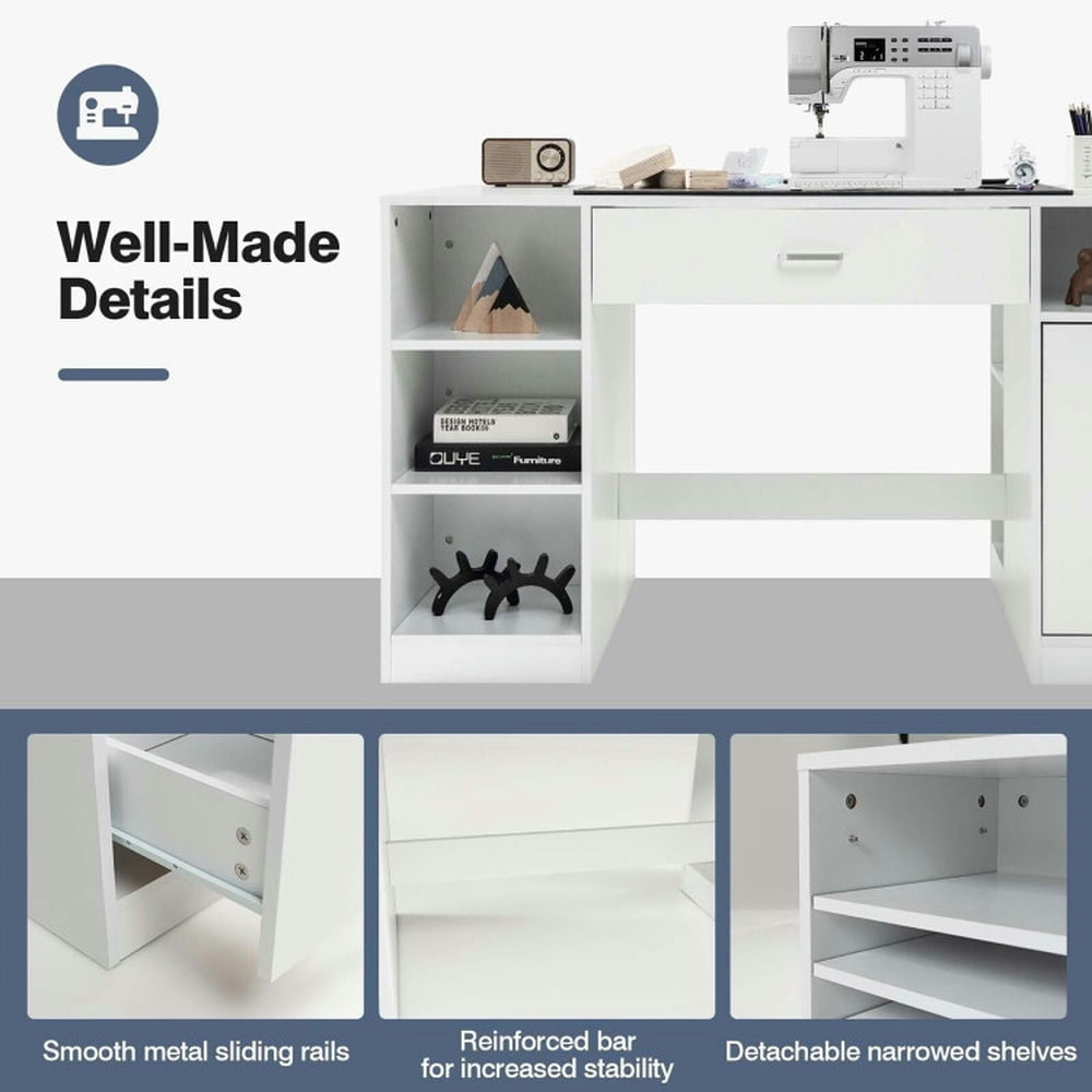 Hommoo Sewing Craft Table Home Office Computer Desk with Storage Shelves and Drawer, Gaming Computer Desks for Image 3