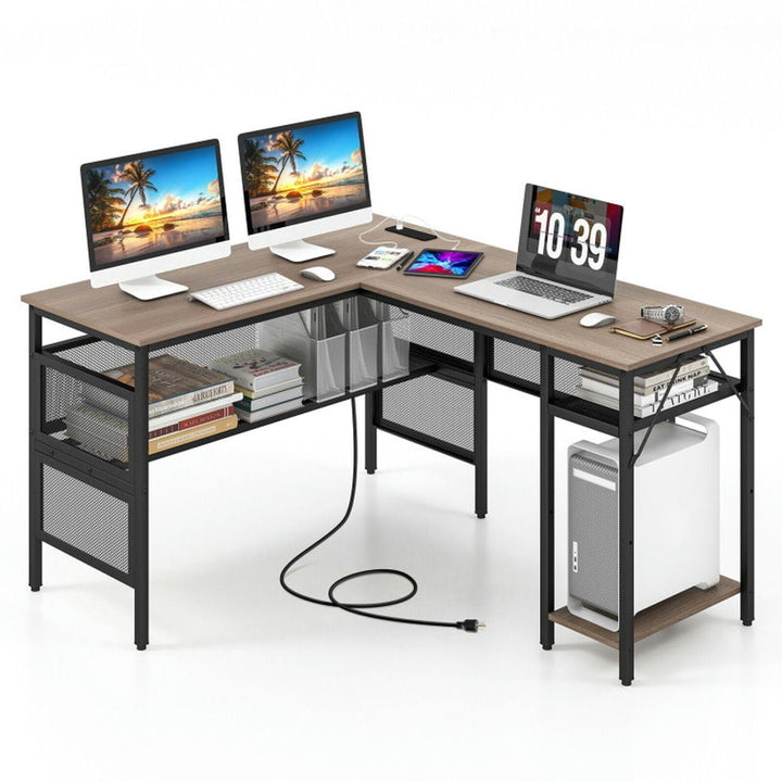 Hommoo L-Shaped Computer Desk with Charging Station and Adjustable Shelf-Gray, Gaming Computer Desks for Image 1