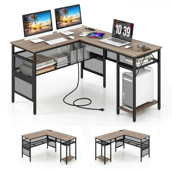 Hommoo L-Shaped Computer Desk with Charging Station and Adjustable Shelf-Gray, Gaming Computer Desks for Image 2