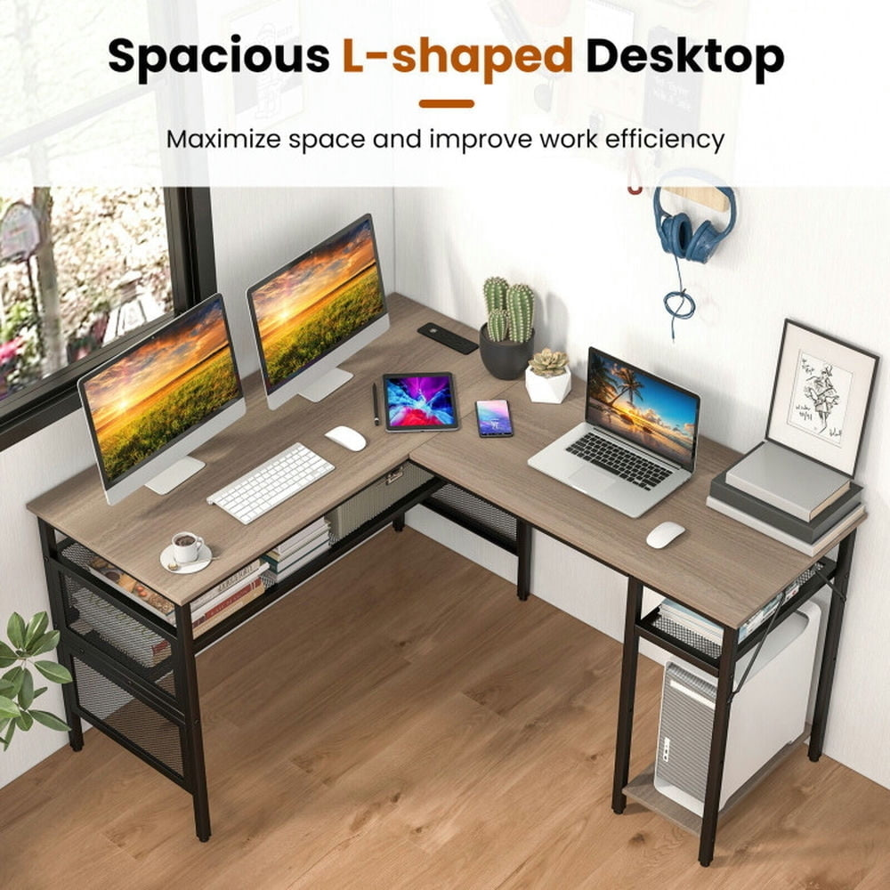 Hommoo L-Shaped Computer Desk with Charging Station and Adjustable Shelf-Gray, Gaming Computer Desks for Image 3