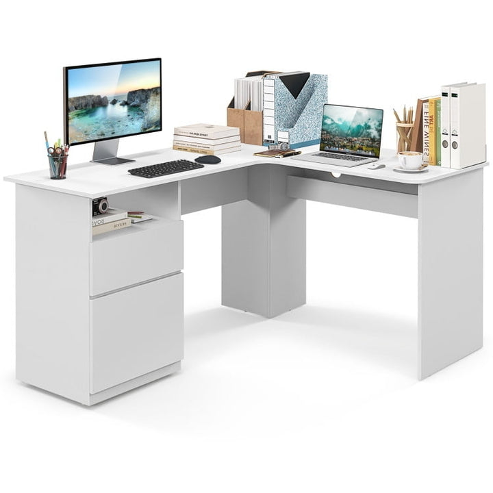 Hommoo L-Shaped Computer Desk with Letter File Drawer-White, Home Office Desks, Gaming Computer Desks for Image 1