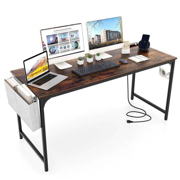 Hommoo 60 Inch Computer Desk with Charging Station Storage Bag-Rustic Brown, Gaming Computer Desks for Image 1