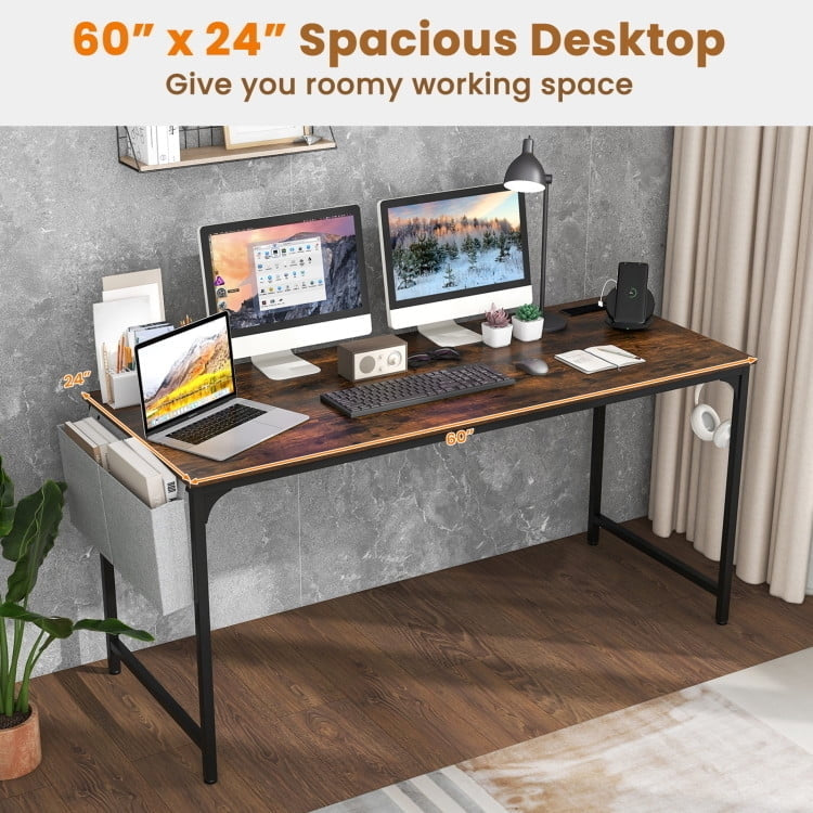 Hommoo 60 Inch Computer Desk with Charging Station Storage Bag-Rustic Brown, Gaming Computer Desks for Image 2