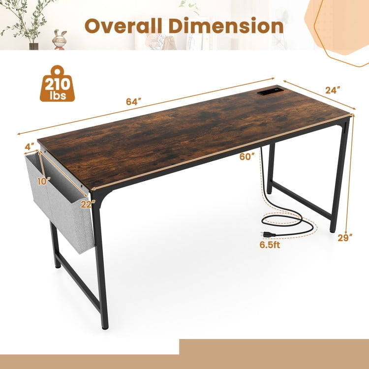 Hommoo 60 Inch Computer Desk with Charging Station Storage Bag-Rustic Brown, Gaming Computer Desks for Image 5