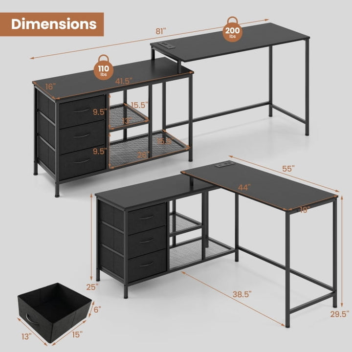 Hommoo L-shaped Computer Desk with Power Outlet for Working Studying Gaming-Black, Gaming Computer Desks for Image 2