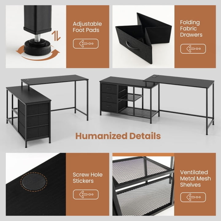 Hommoo L-shaped Computer Desk with Power Outlet for Working Studying Gaming-Black, Gaming Computer Desks for Image 4