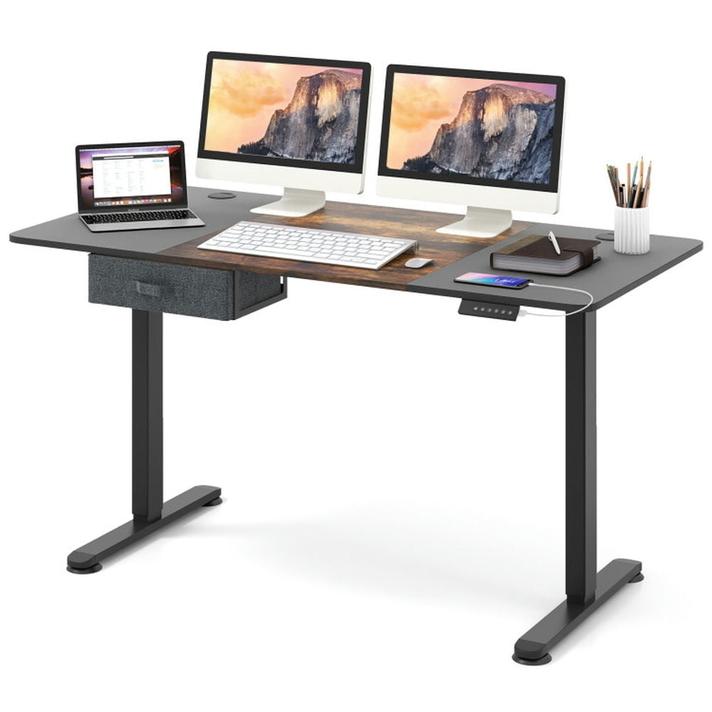 Hommoo Height Adjustable Electric Standing Desk with USB Charging Port-Rustic Brown, Gaming Computer Desks for Image 1