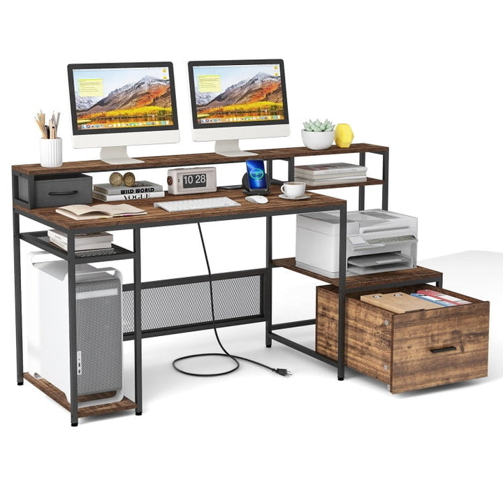 Hommoo 67 Inch Computer Desk with Monitor Stand and File Drawer-Rustic Brown, Gaming Computer Desks for Image 1