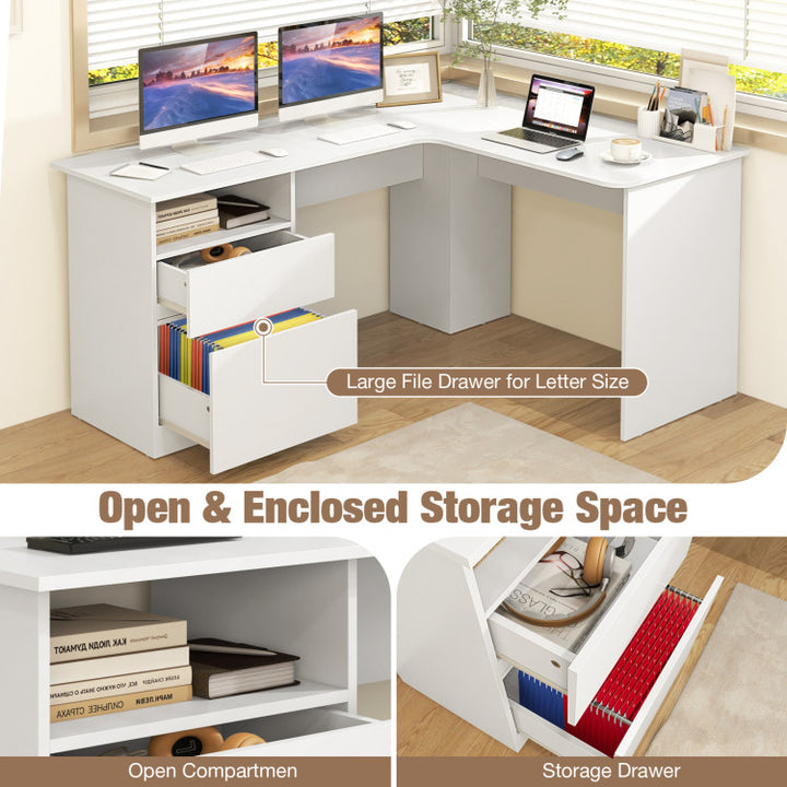 Hommoo L-Shaped Computer Desk with Letter File Drawer-White, Home Office Desks, Gaming Computer Desks for Image 3