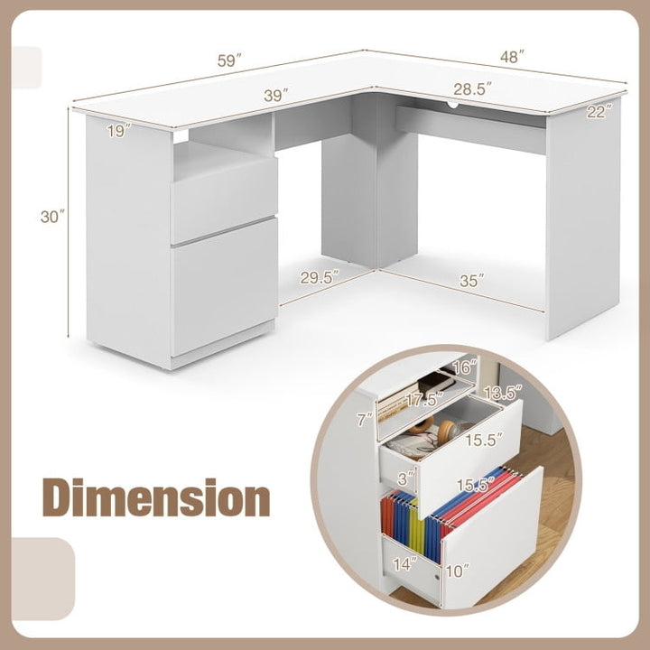 Hommoo L-Shaped Computer Desk with Letter File Drawer-White, Home Office Desks, Gaming Computer Desks for Image 4