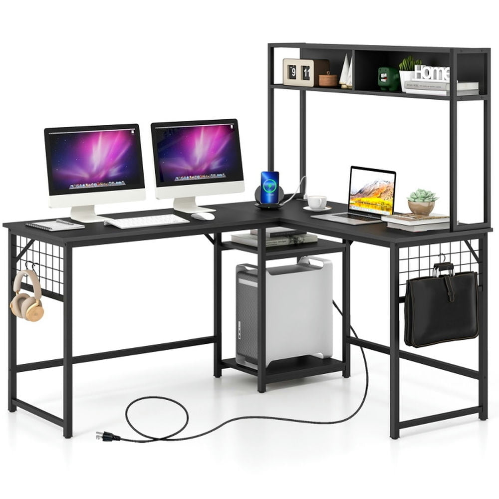 Hommoo L-shaped Desk with Power Outlet Hutch-Black, Home Office Desks, Gaming Computer Desks for Study,Working,Writing Image 1