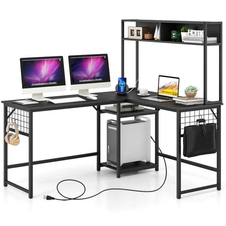 Hommoo L-shaped Desk with Power Outlet Hutch-Black, Home Office Desks, Gaming Computer Desks for Study,Working,Writing Image 1