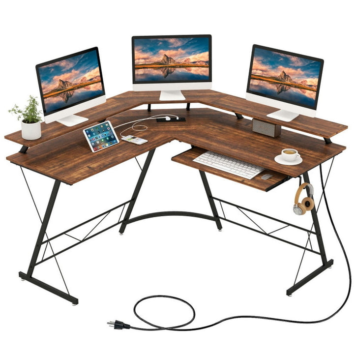 Hommoo L-shaped Computer Desk with Power Outlet and Monitor Stand-Rustic Brown, Gaming Computer Desks for Image 1