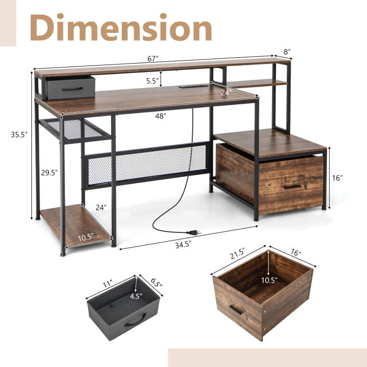 Hommoo 67 Inch Computer Desk with Monitor Stand and File Drawer-Rustic Brown, Gaming Computer Desks for Image 2