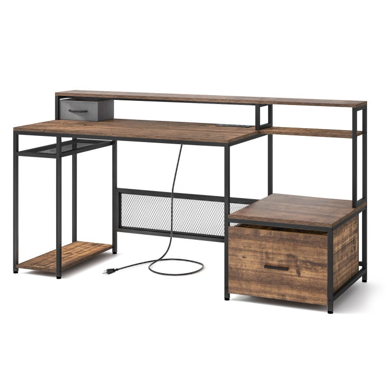 Hommoo 67 Inch Computer Desk with Monitor Stand and File Drawer-Rustic Brown, Gaming Computer Desks for Image 3