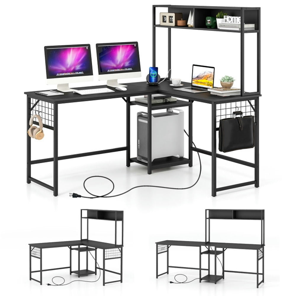 Hommoo L-shaped Desk with Power Outlet Hutch-Black, Home Office Desks, Gaming Computer Desks for Study,Working,Writing Image 2