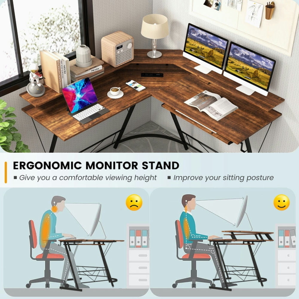 Hommoo L-shaped Computer Desk with Power Outlet and Monitor Stand-Rustic Brown, Gaming Computer Desks for Image 4