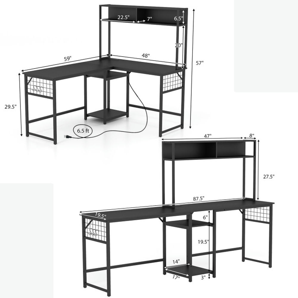 Hommoo L-shaped Desk with Power Outlet Hutch-Black, Home Office Desks, Gaming Computer Desks for Study,Working,Writing Image 5