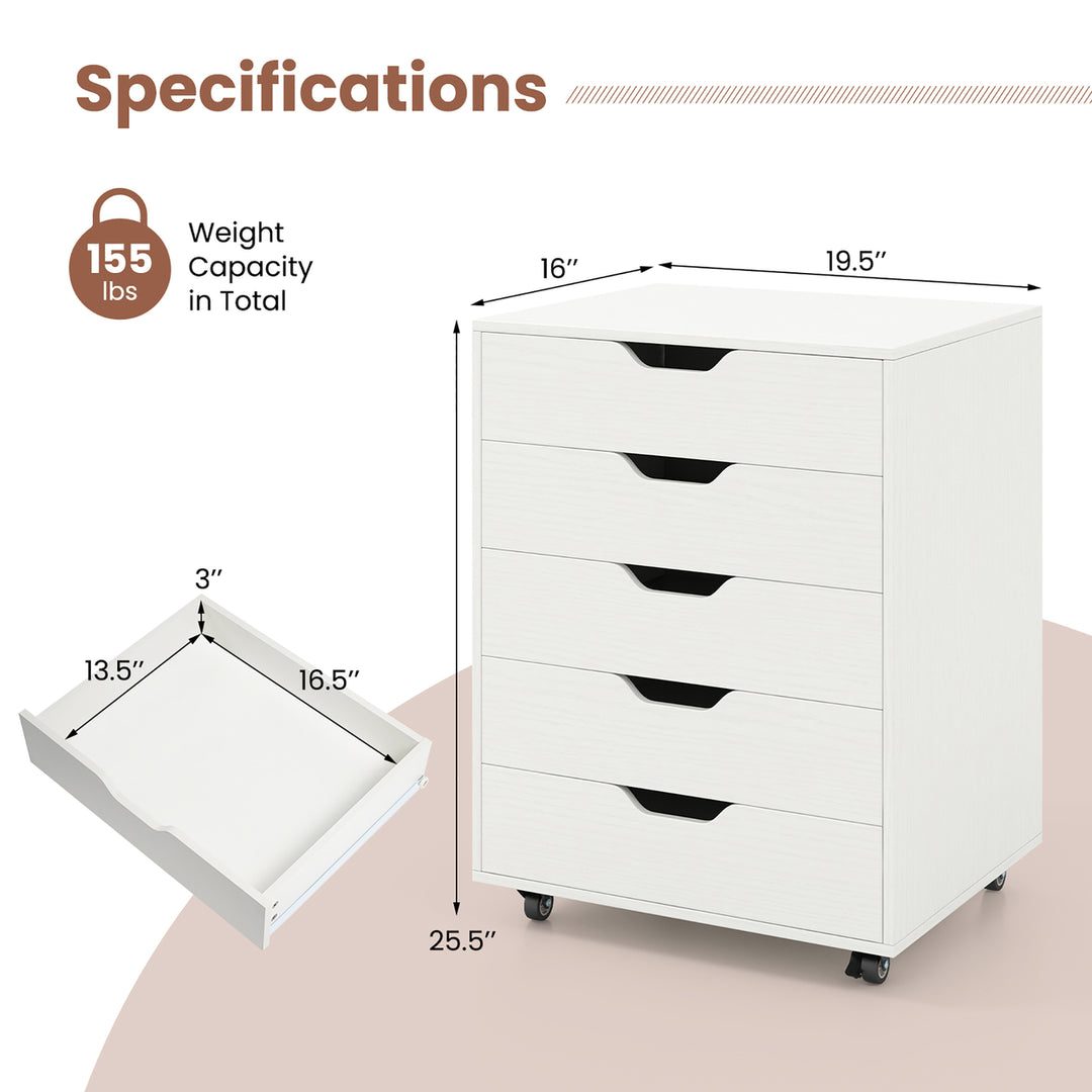 Lateral File Cabinet w/ Wheels 5-Drawer Dresser Modern Chest of Drawers Image 3