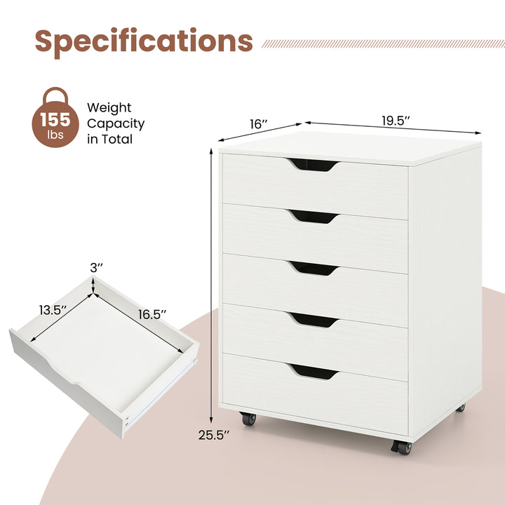 Lateral File Cabinet w/ Wheels 5-Drawer Dresser Modern Chest of Drawers Image 3