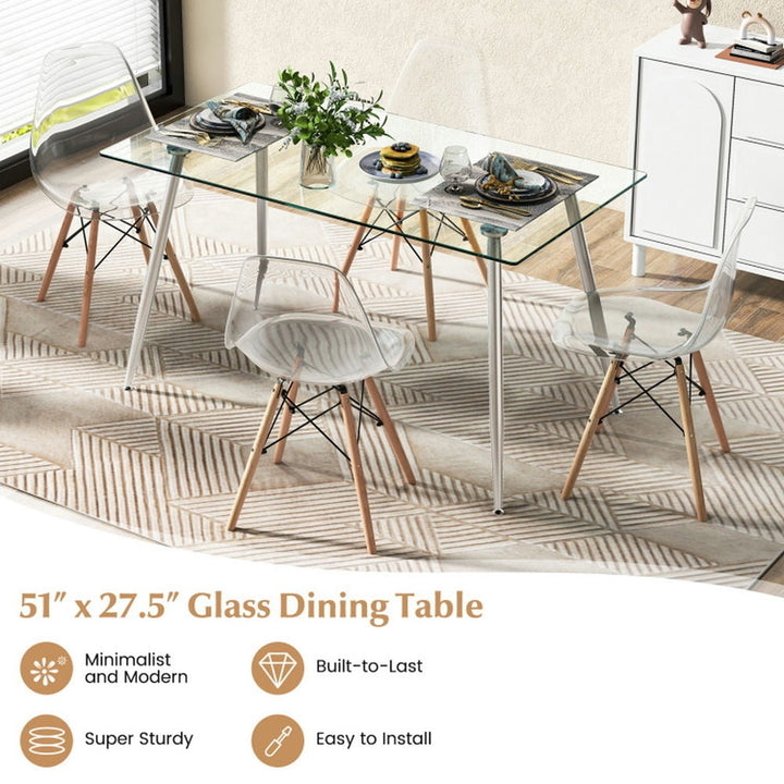 Hommoo Modern Glass Rectangular Dining Table with Metal Legs-Silver, Kitchen Bar Height Table and Chairs for Dining Room Image 5