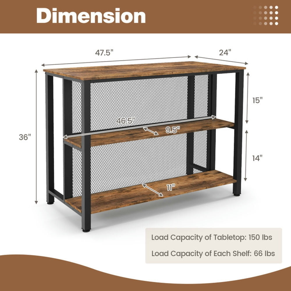 Hommoo 36 Inch 3-Tier Bar Table with Storage Metal Frame Adjustable Foot Pads for Dining Room-Rustic Brown Image 3